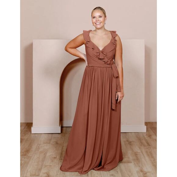 Revelry Dresses & Skirts - NWT Revelry Valerie Chiffon Faux Wrap Ruffle Maxi Gown Dress Cinnamon Rose 2